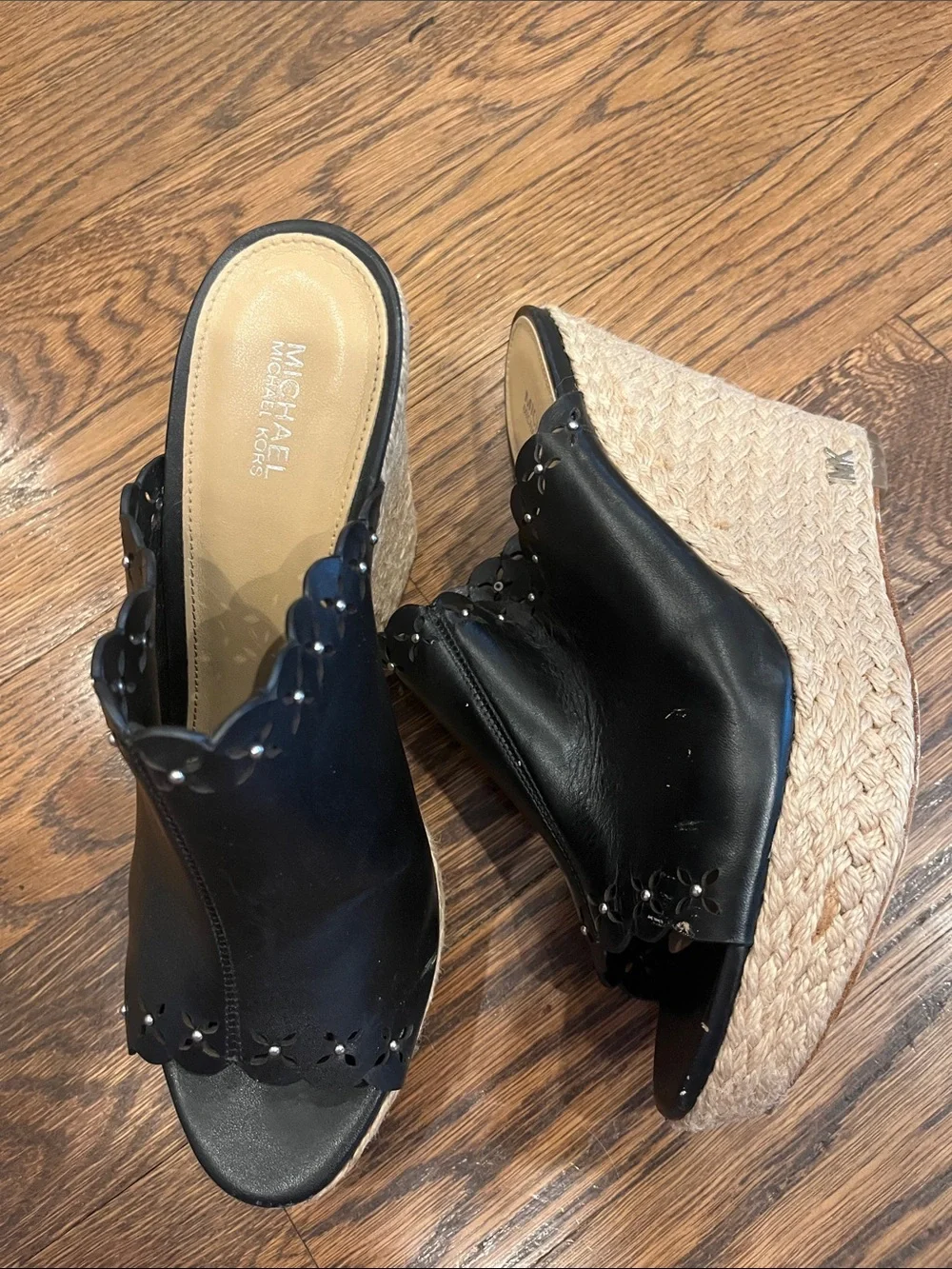 Michael Kors Black Leather Scalloped Espadrille Wedge Slides 9